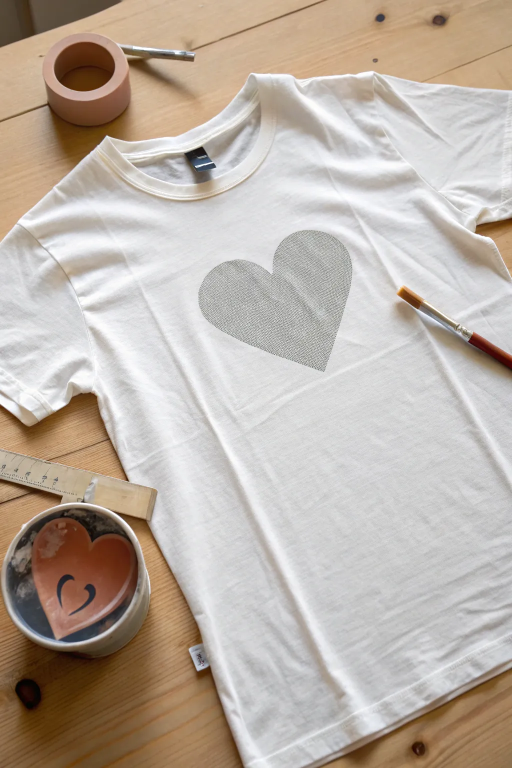 Clean stencil heart on a white tee, mid-paint for crisp edges and minimalist graphic impact