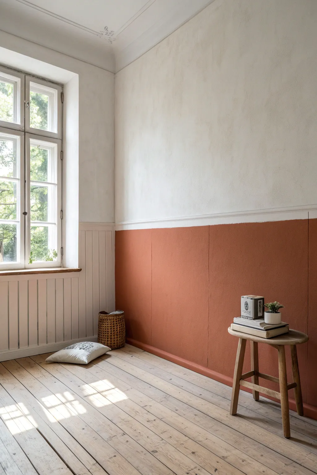 Crisp taped two-tone half wall split, Scandinavian minimal with a soft boho DIY touch