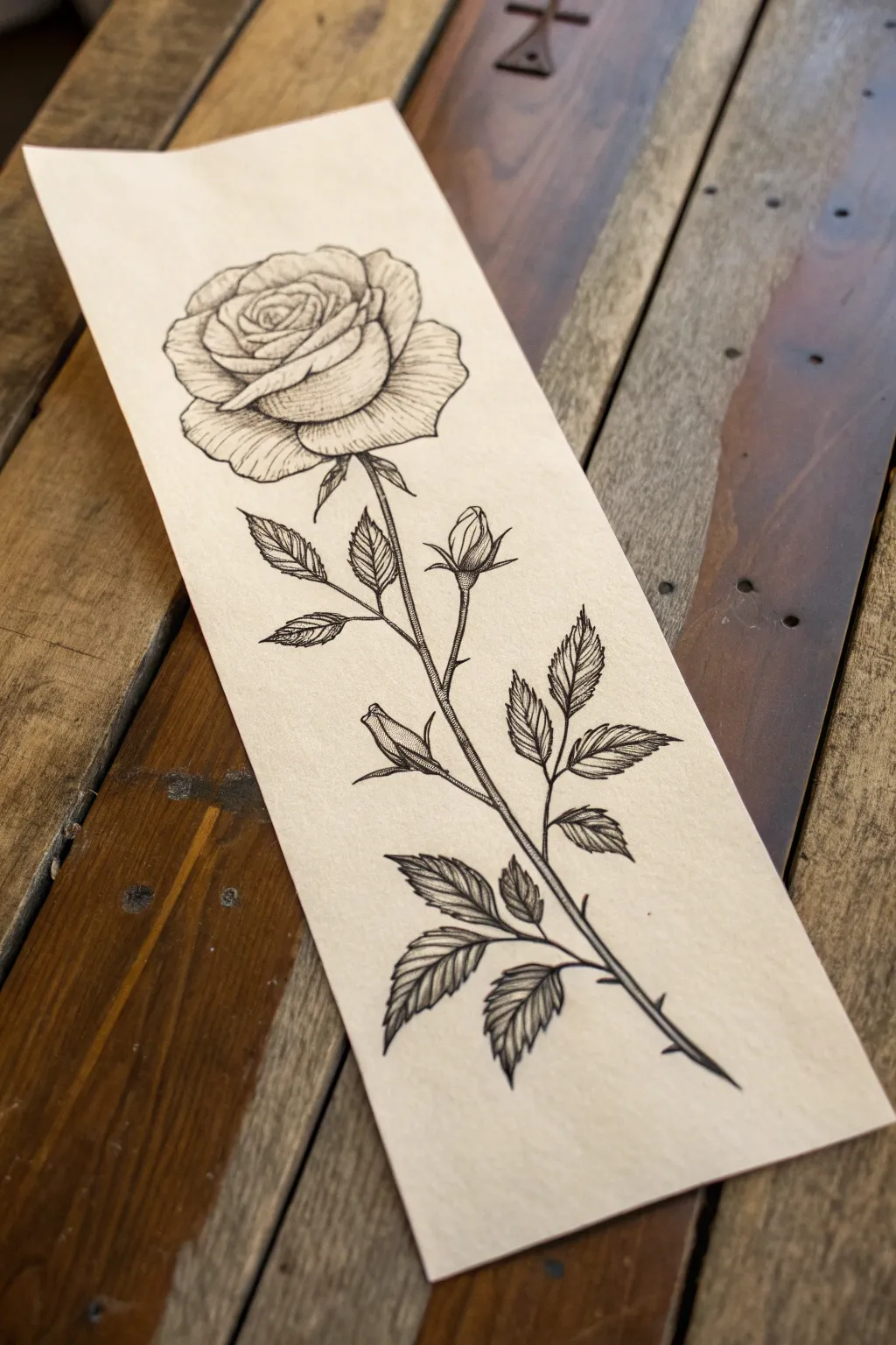 Single rose tattoo stencil with delicate line weight and soft stipple shading, clean and feminine