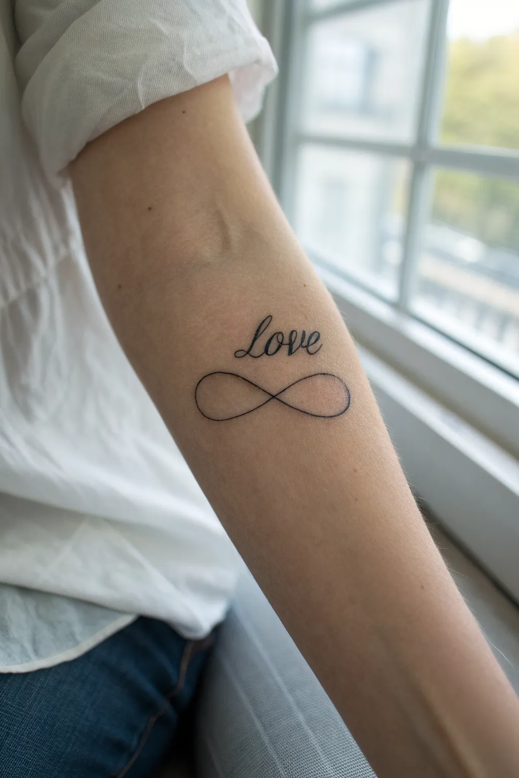 Minimal infinity tattoo where one loop turns into love, airy negative space and clean contrast