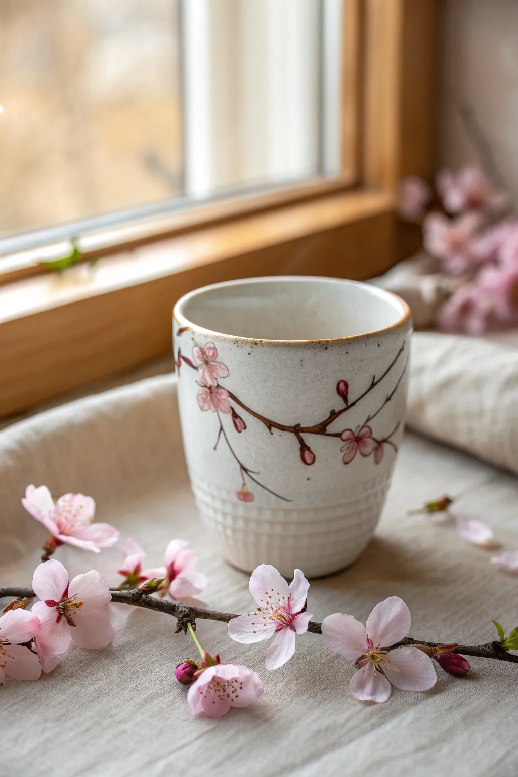 Minimalist tea cup design: cherry blossom branch circling the rim with drifting petals