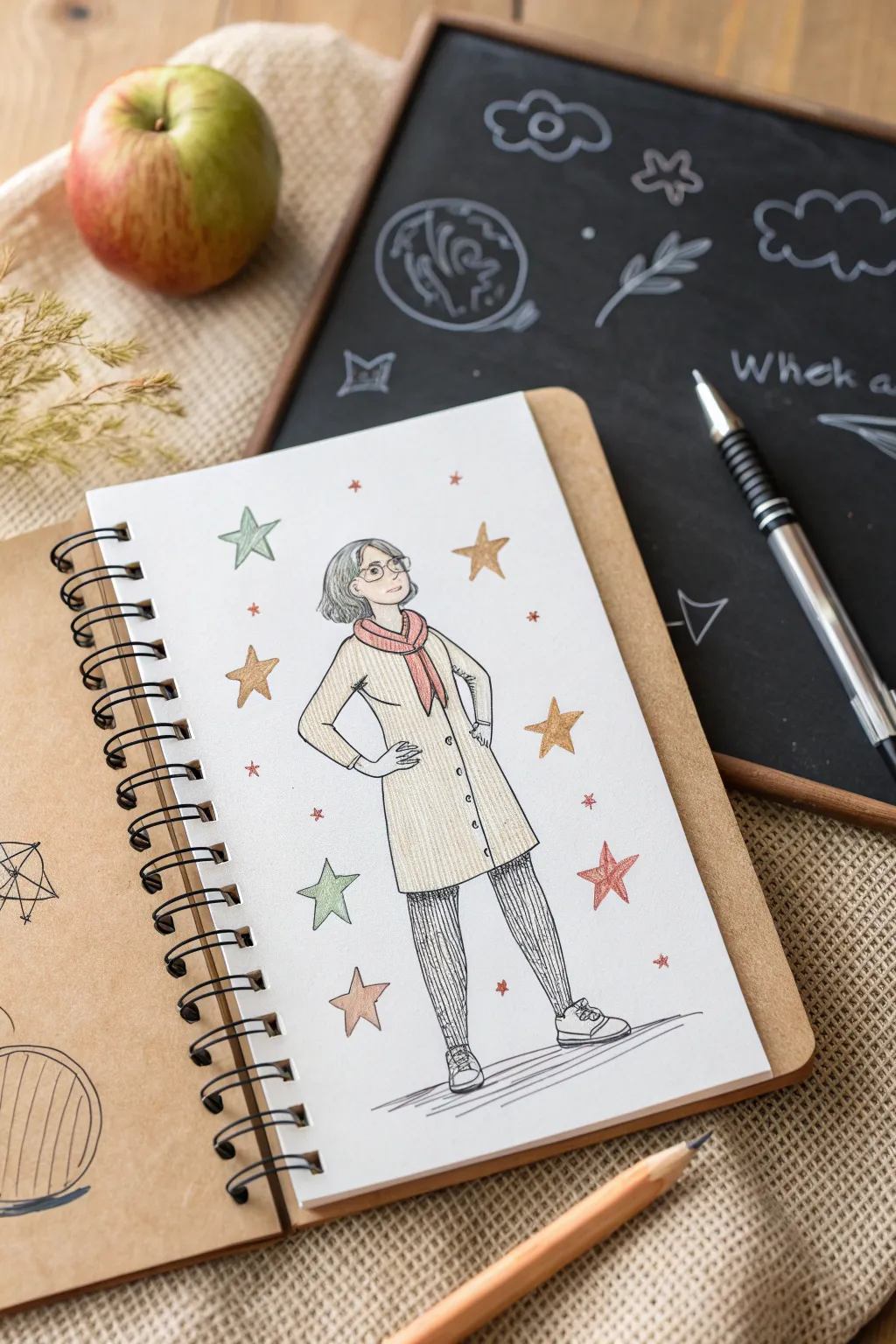 Mini portrait idea: a kind teacher at the board in minimal lines and cozy Scandinavian-boho tones
