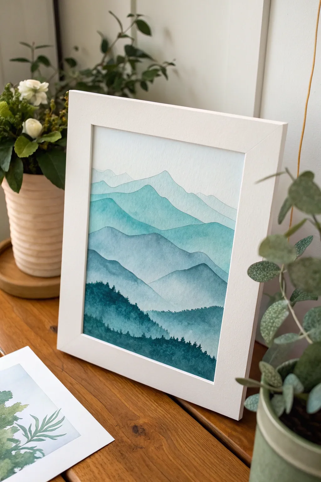 Teal mountain mist layers in soft watercolor, minimal yet dreamy with calming Scandinavian vibes.