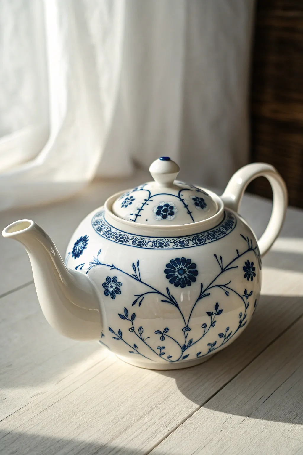 Crisp cobalt motifs on a white teapot for timeless blue-and-white porcelain painting inspo