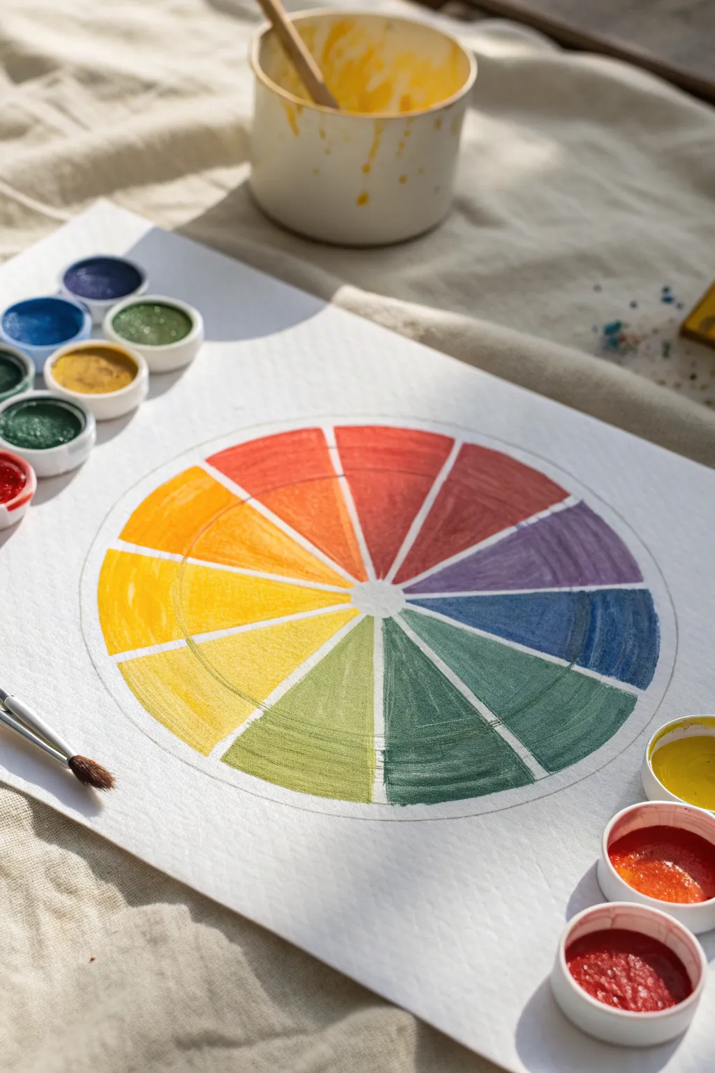 Classic tempera color wheel with bold brushstrokes and primary paint puddles for mixing.