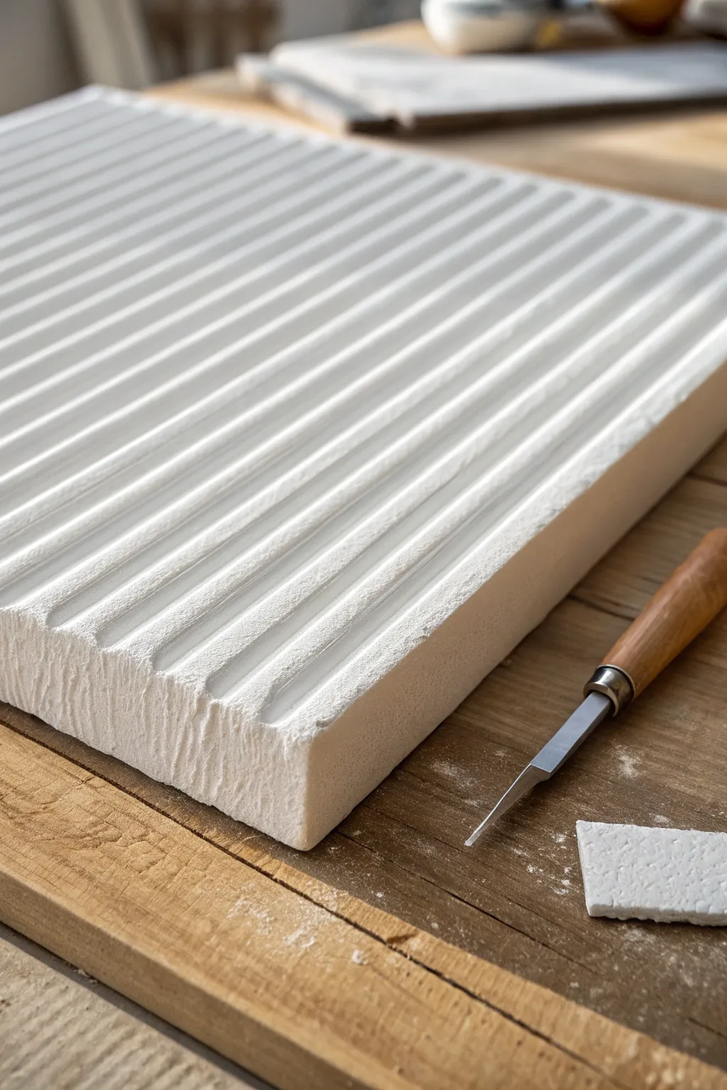 Clean, parallel plaster ridges with a notched scraper, highlighting shadowed grooves and contrast