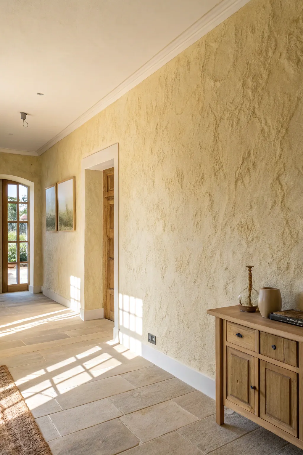 Creamy stucco inspired wall texture with soft trowel movement, glowing in a sunlit hallway