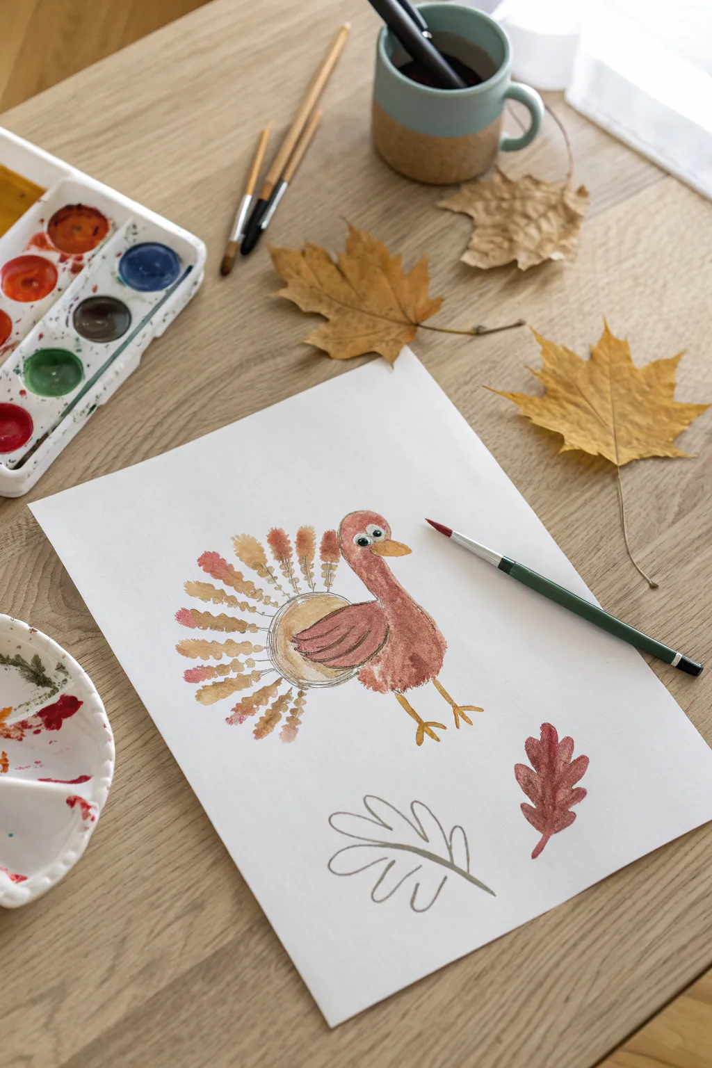 Sweet handprint turkey keepsake in minimalist autumn tones for cozy family paint time