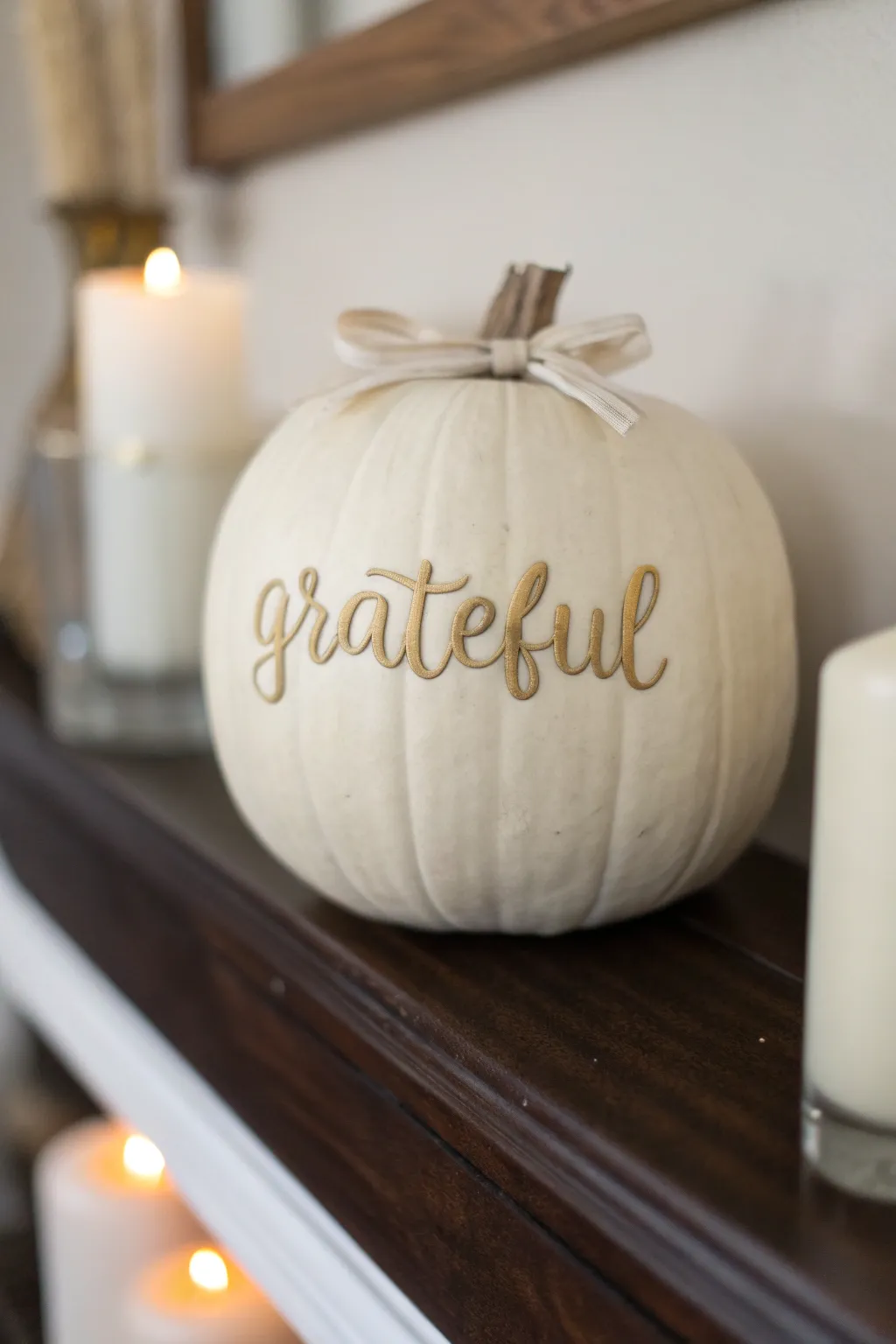 Cream pumpkin with gold gratitude script and linen bow, perfect minimalist Thanksgiving decor.