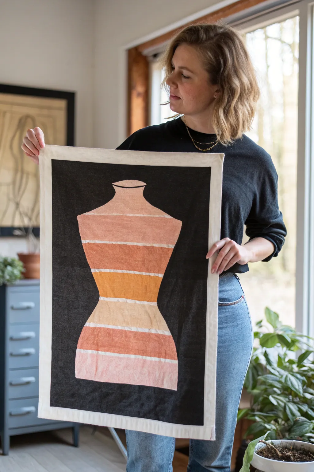 Bold thermal bands wrap a torso silhouette, framed by dramatic black negative space.