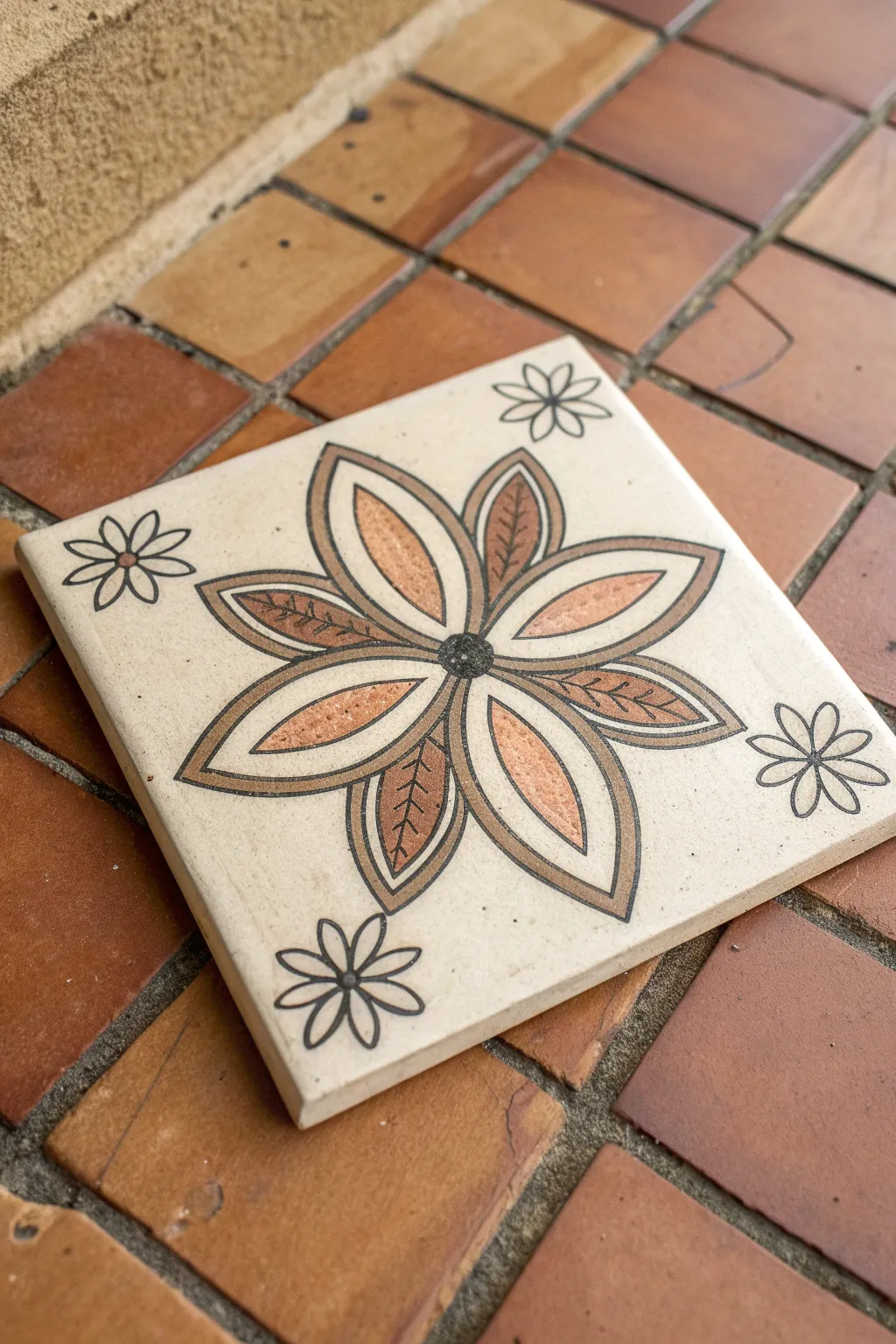 Simple four-petal floral tile drawing idea, minimal lines and earthy Scandinavian boho calm