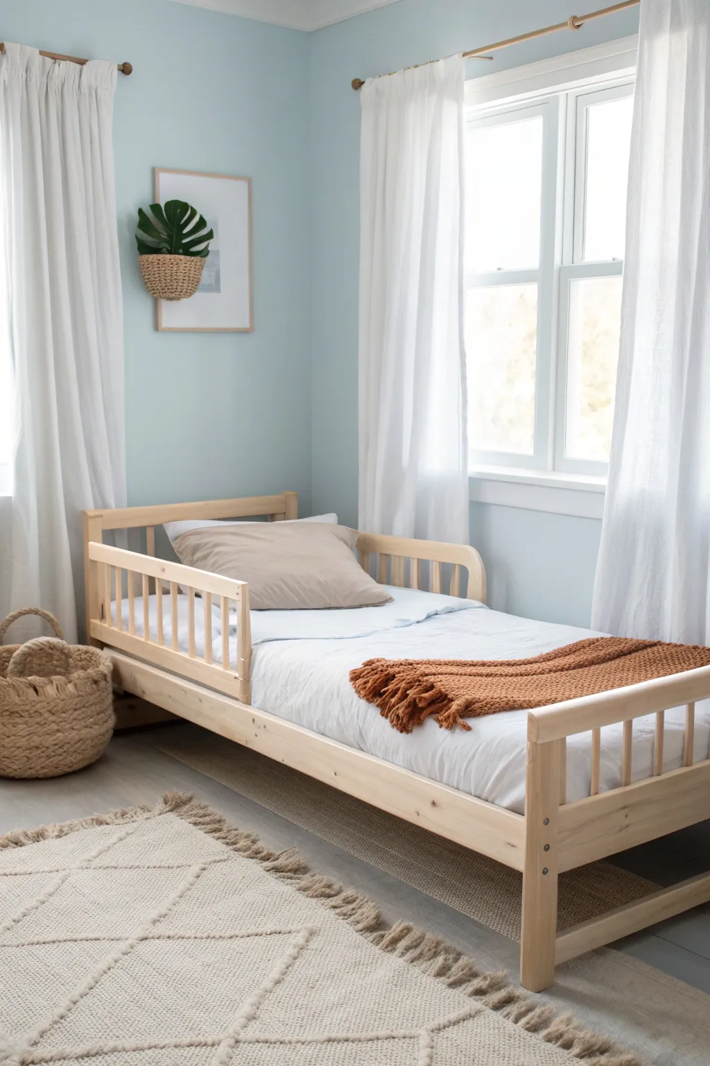 Soft sky blue walls with a low wooden toddler bed for a calm, sleepy morning-light feel