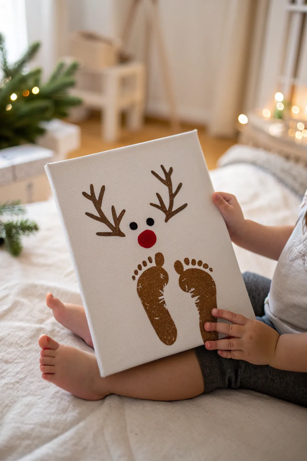 Adorable footprint reindeer with a bright red nose, a simple toddler Christmas canvas idea
