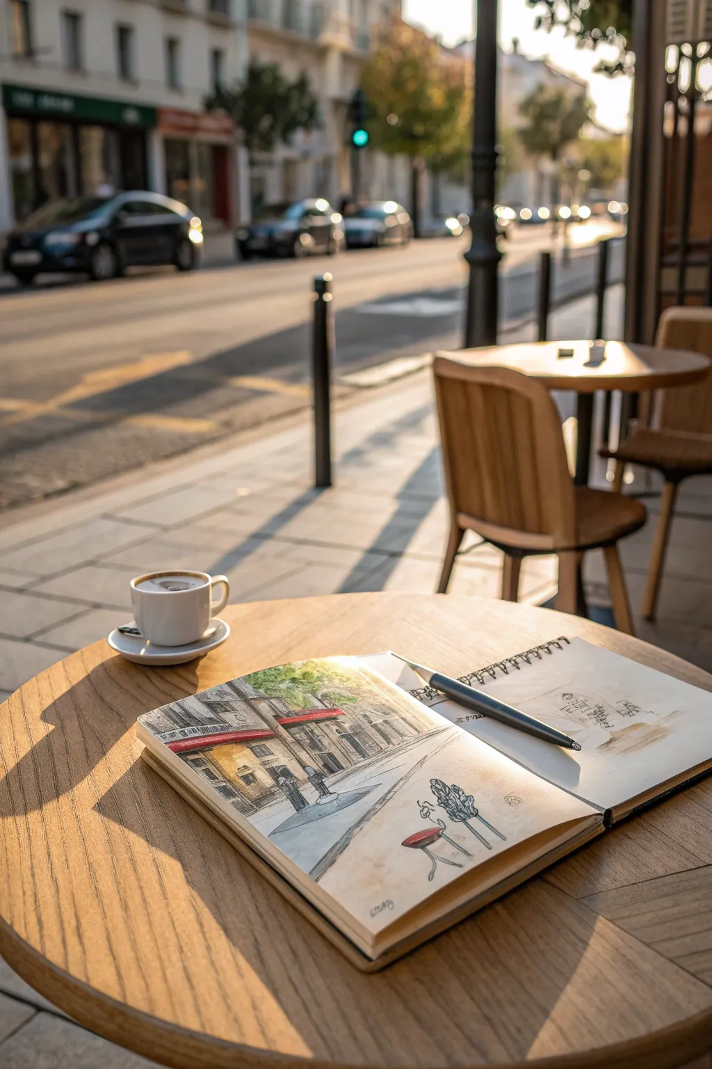 Paint the city from your cafe seat with a simple street-scene sketchbook study today.