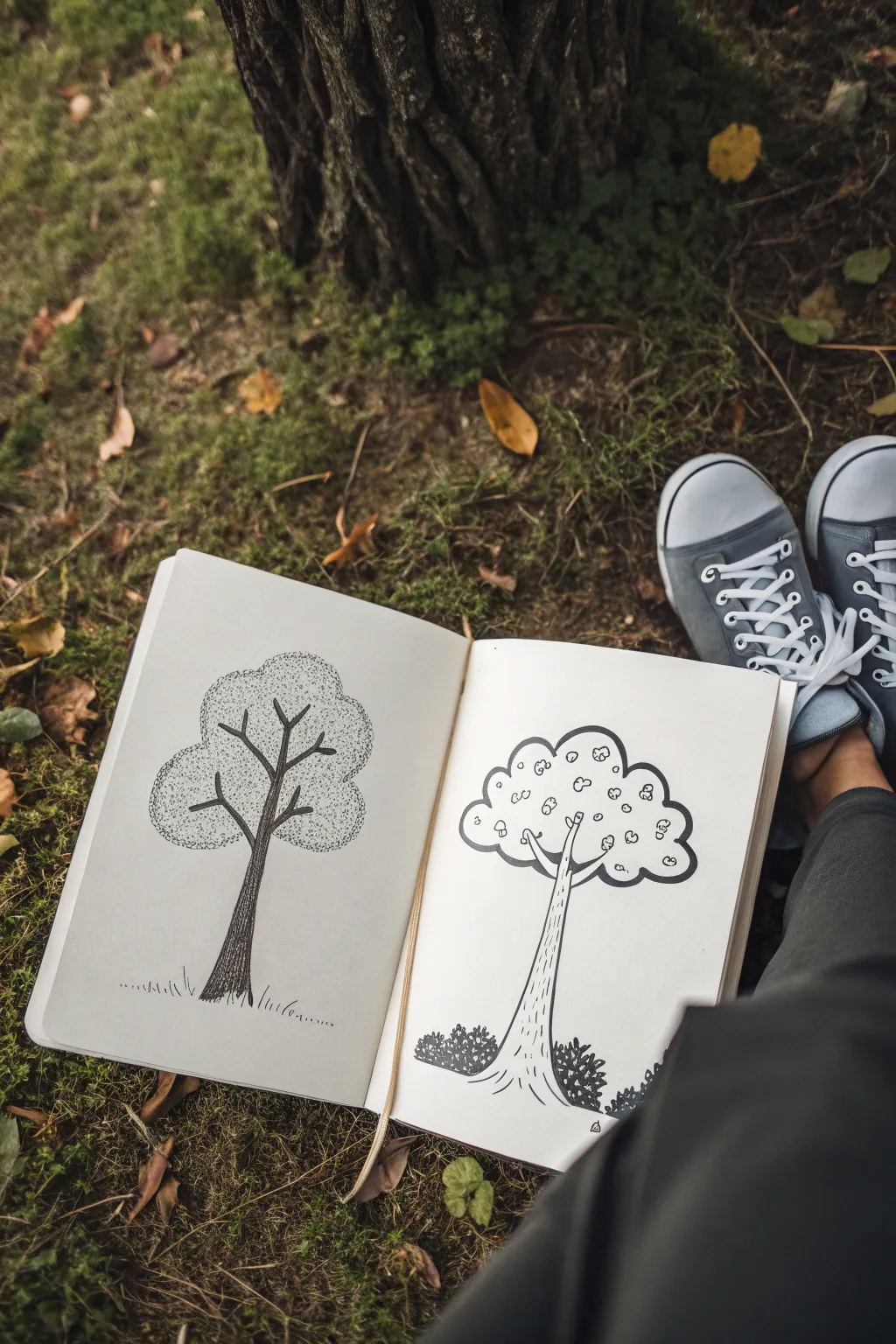 Two scalloped canopy tree doodles: one simple cloud crown, one layered for depth and charm