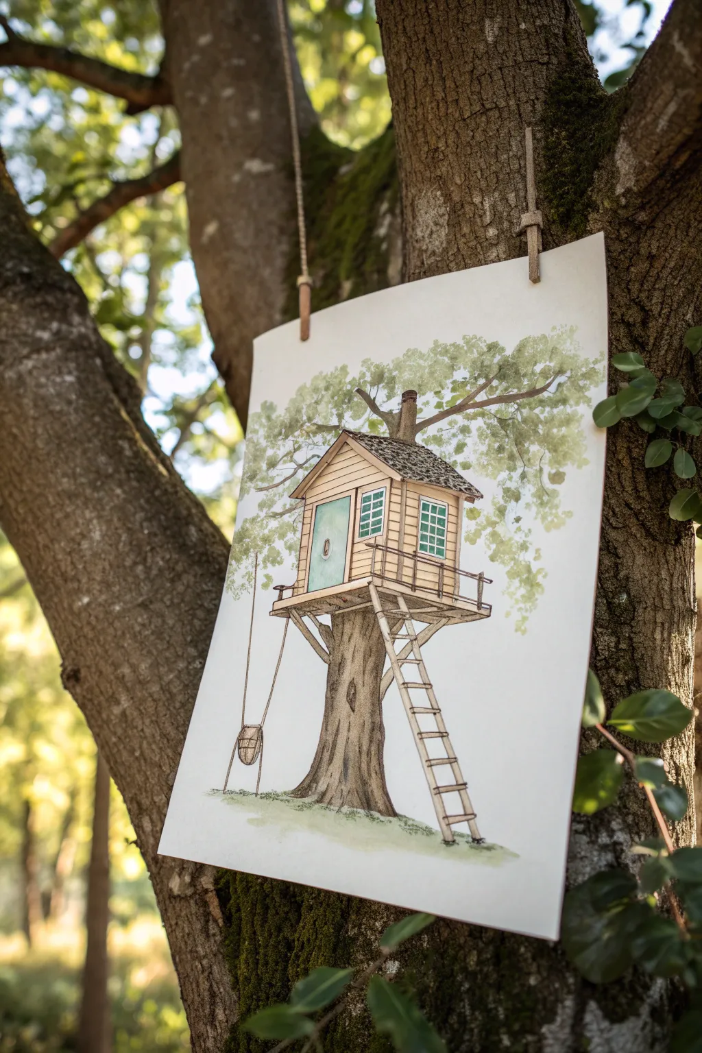 Minimal tree house drawing idea with a twisting rope ladder and soft shadow detail
