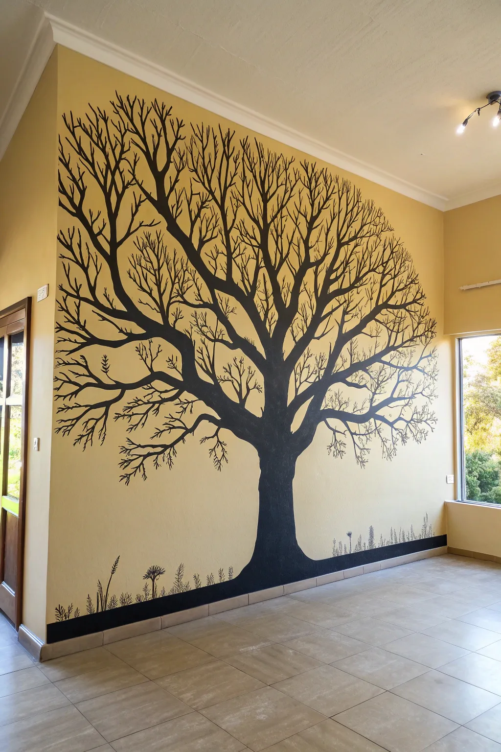Bold silhouette tree mural in charcoal on a light wall for a clean modern Scandinavian look