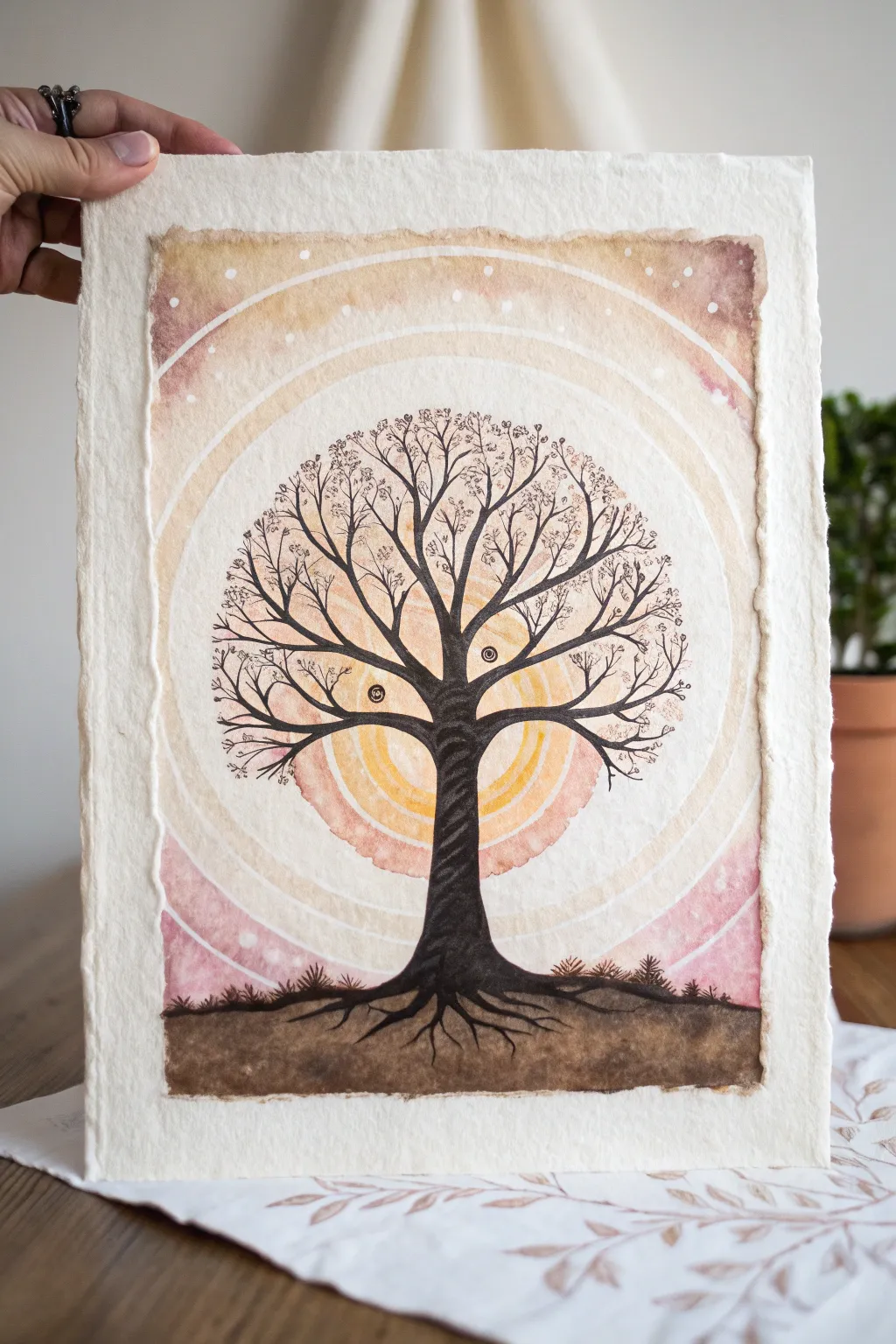 Tree of Life silhouette with glowing halo rings, serene Scandinavian minimal style with boho warmth