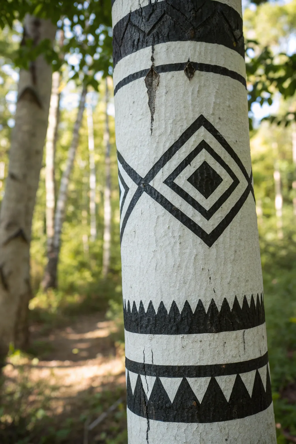 High-contrast black-and-white geometric bands wrapped around a tree trunk, clean and modern.