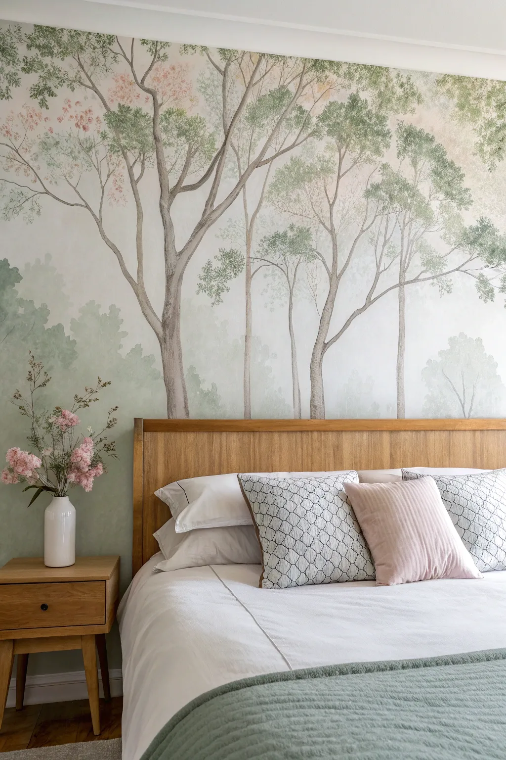 Dreamy watercolor tree canopy mural above the bed for a calm Scandinavian boho bedroom vibe