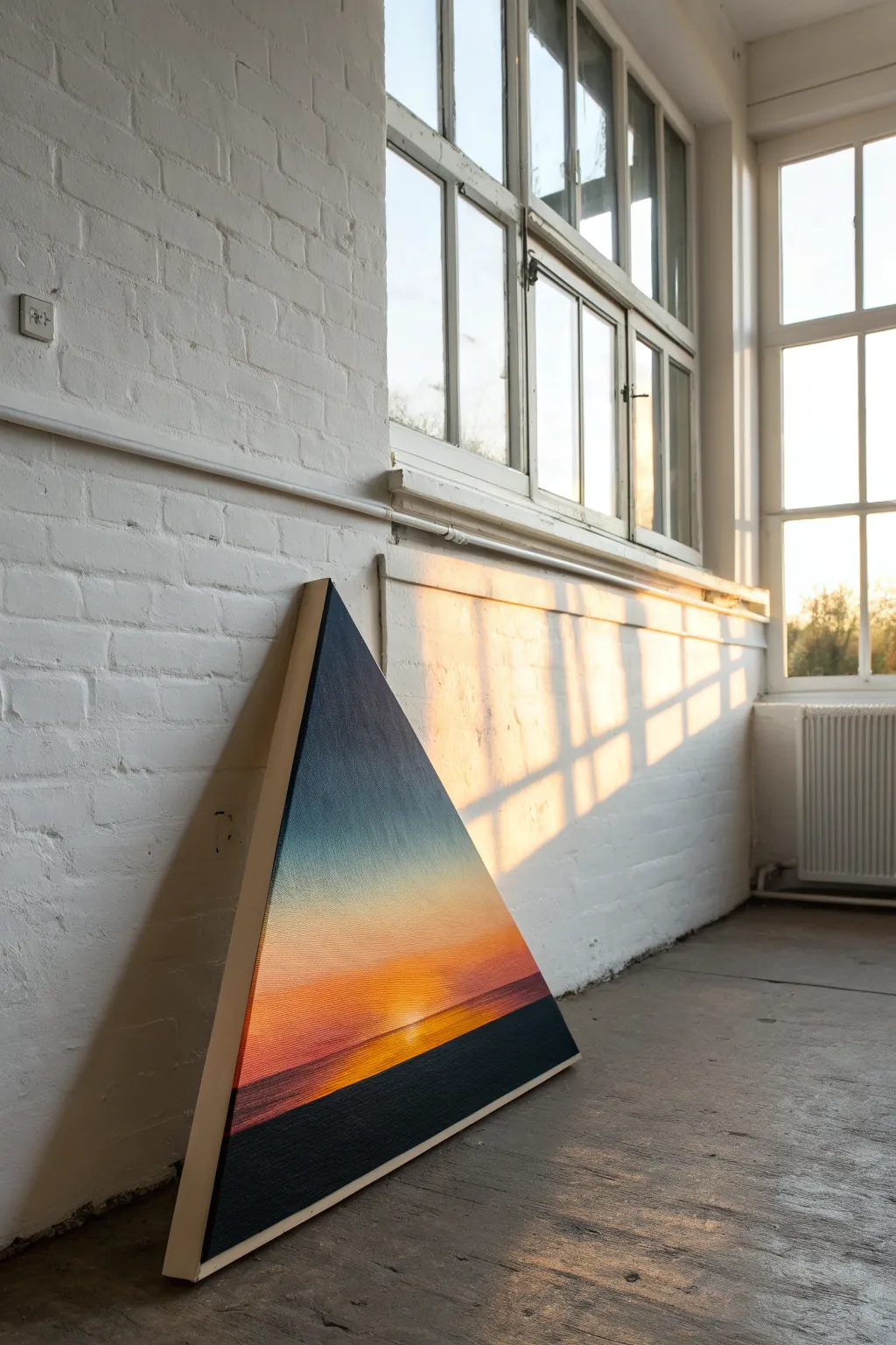 Sunset gradient triangle canvas with a bold horizon line, minimalist and beginner friendly