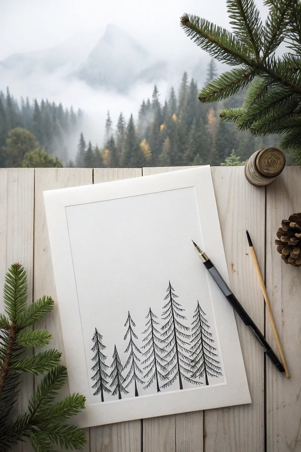 Triangle pine tree forest ink sketch with misty watercolor wash, minimalist Scandinavian boho vibe