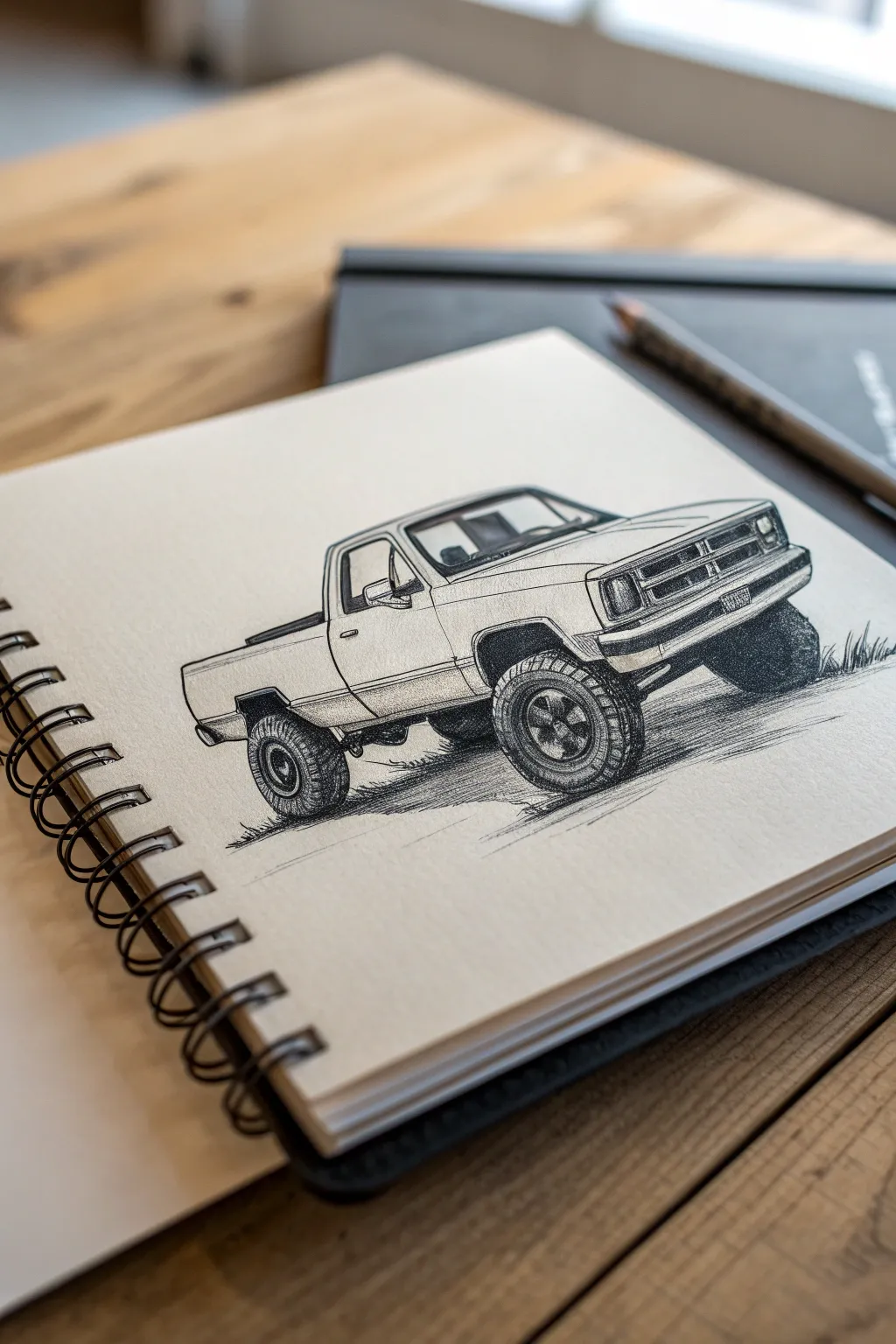 Three-quarter pickup sketch with bold wheel ellipses and clean depth, in soft Scandi minimal style