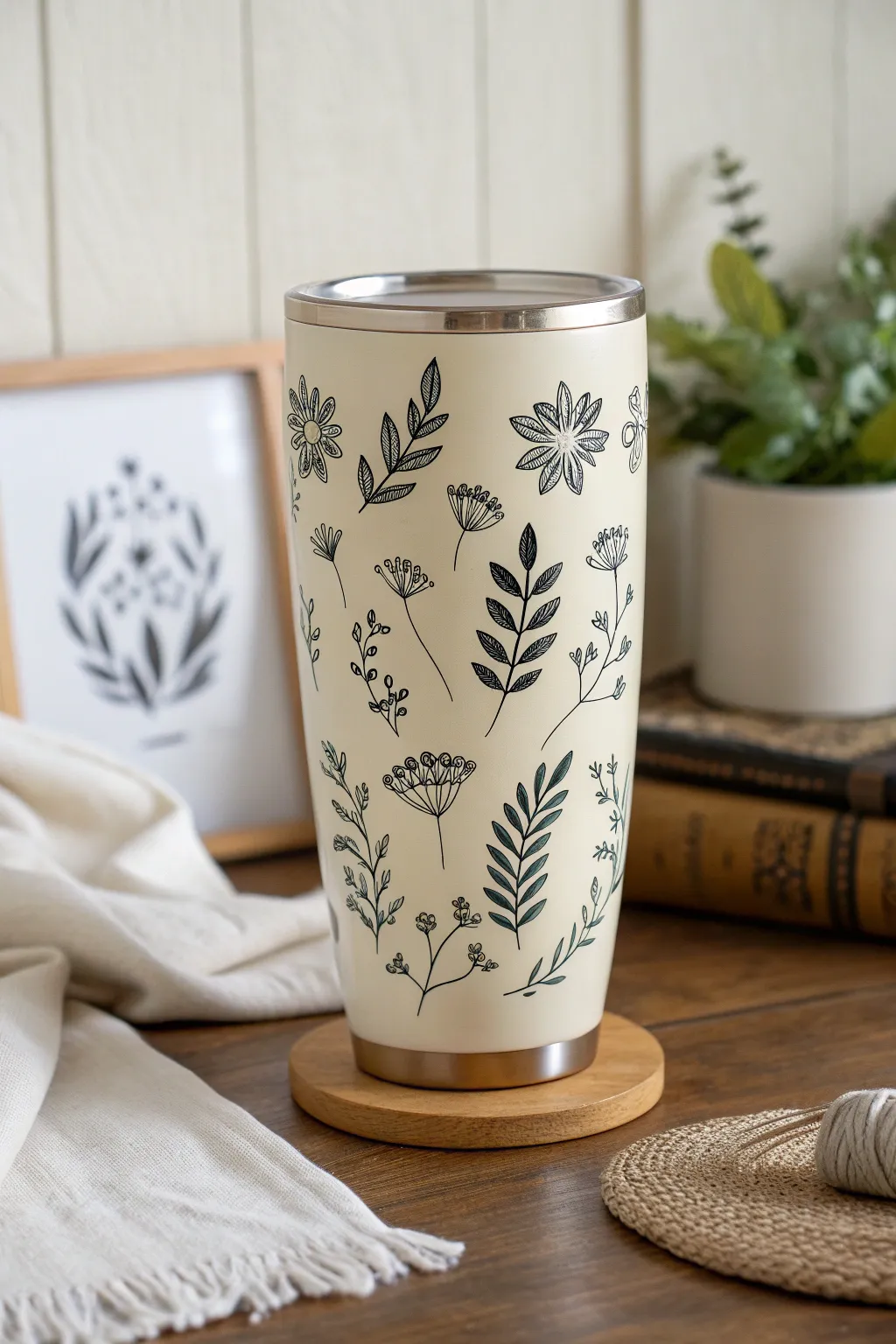 Wrap-around florals on a minimalist tumbler, seamless pattern in soft Scandinavian boho tones