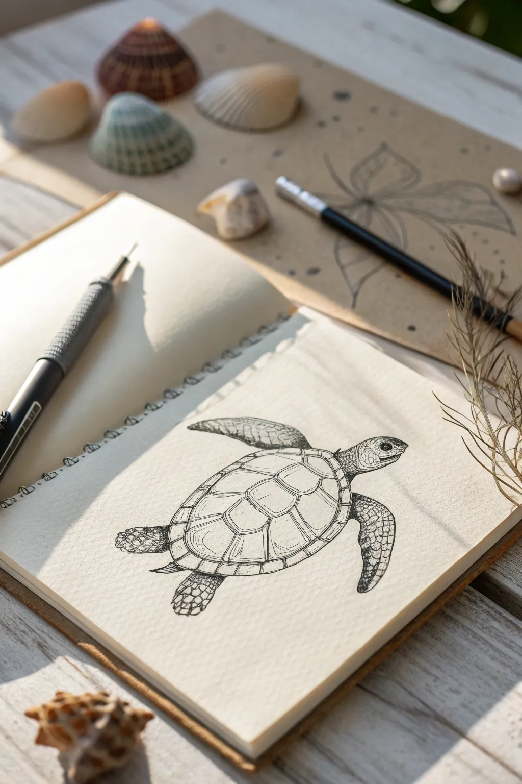 Classic side-view turtle sketch with clear shell plates and gentle belly shading, minimal style