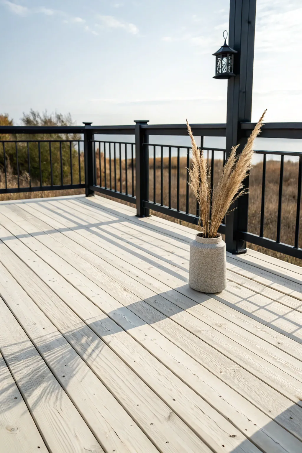 Light stained deck boards with deep dark railings, crisp shadow lines for bold two tone contrast