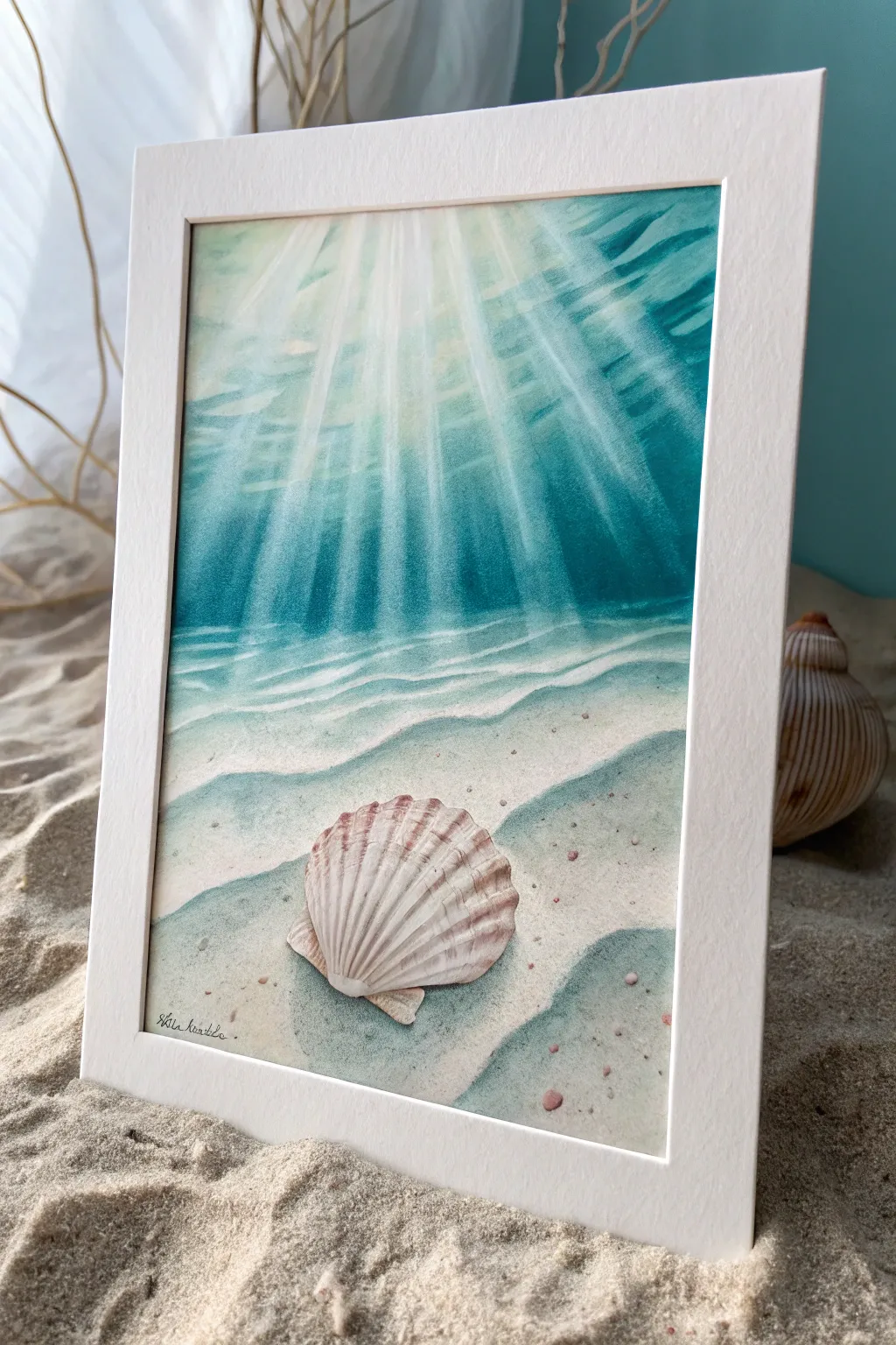 Soft underwater sunlight rays spotlight a single seashell for an easy, calming painting study.