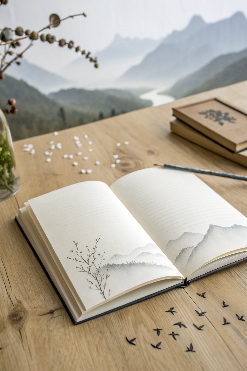 Open book spills a serene paper landscape, where ink mist and dots suggest quiet magic.