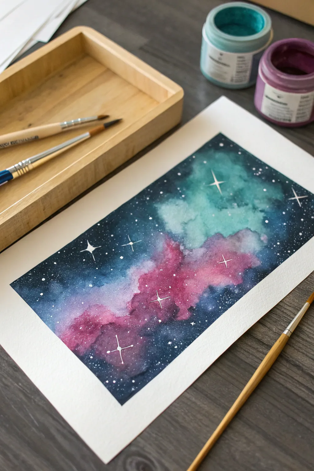 Soft pink and teal nebula clouds glowing on a dark sky, perfect for calm minimalist universe art