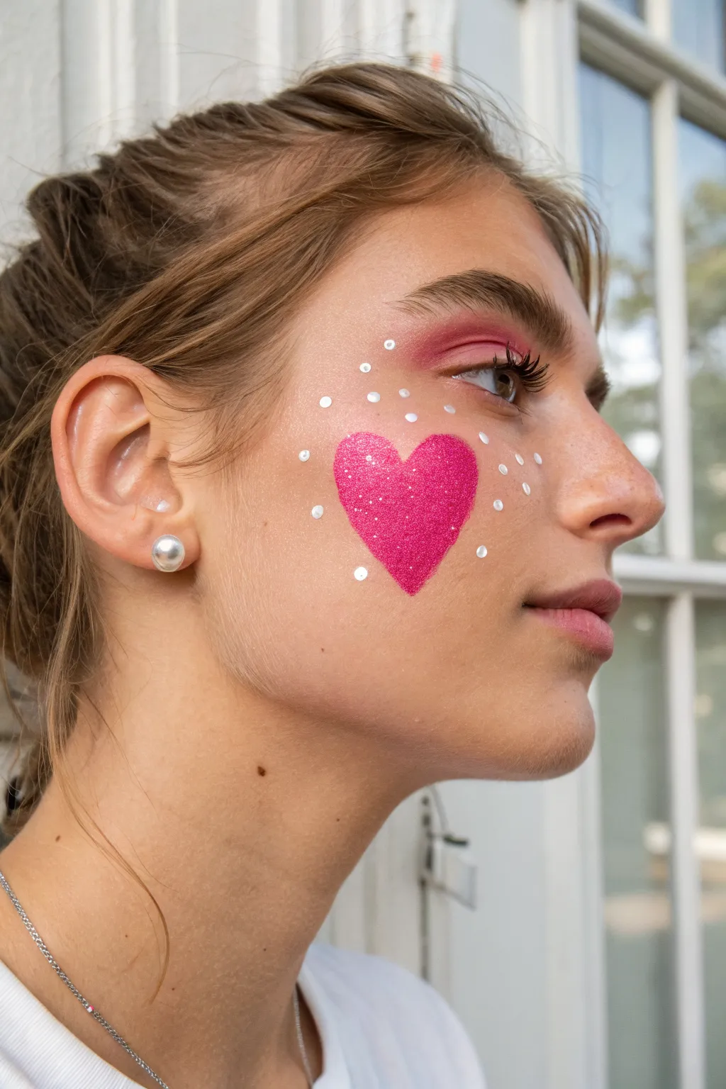 Glittery pink heart cheek pop, minimalist Valentine face paint with sparkling highlights.