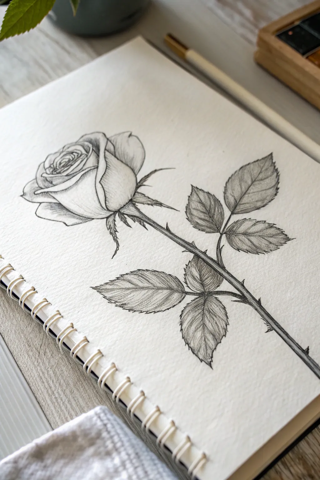 Simple rose pencil sketch with soft shading and light construction lines, minimal and romantic.