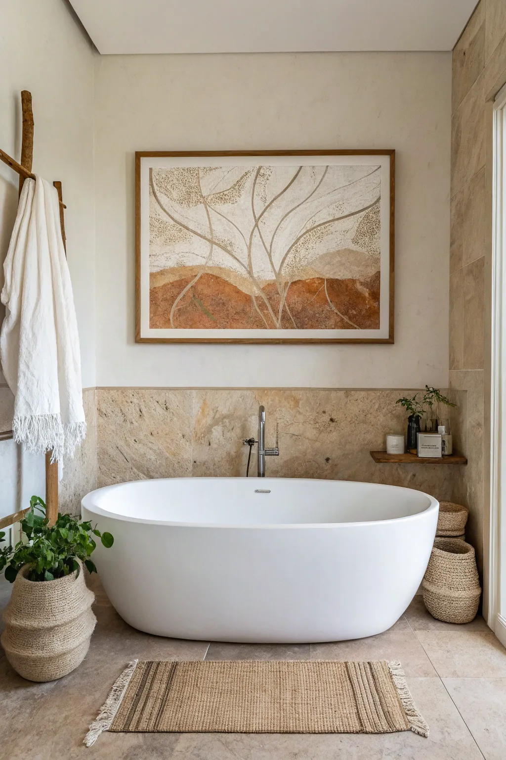 One oversized artwork above the tub creates a calm, high impact focal point with minimal styling.