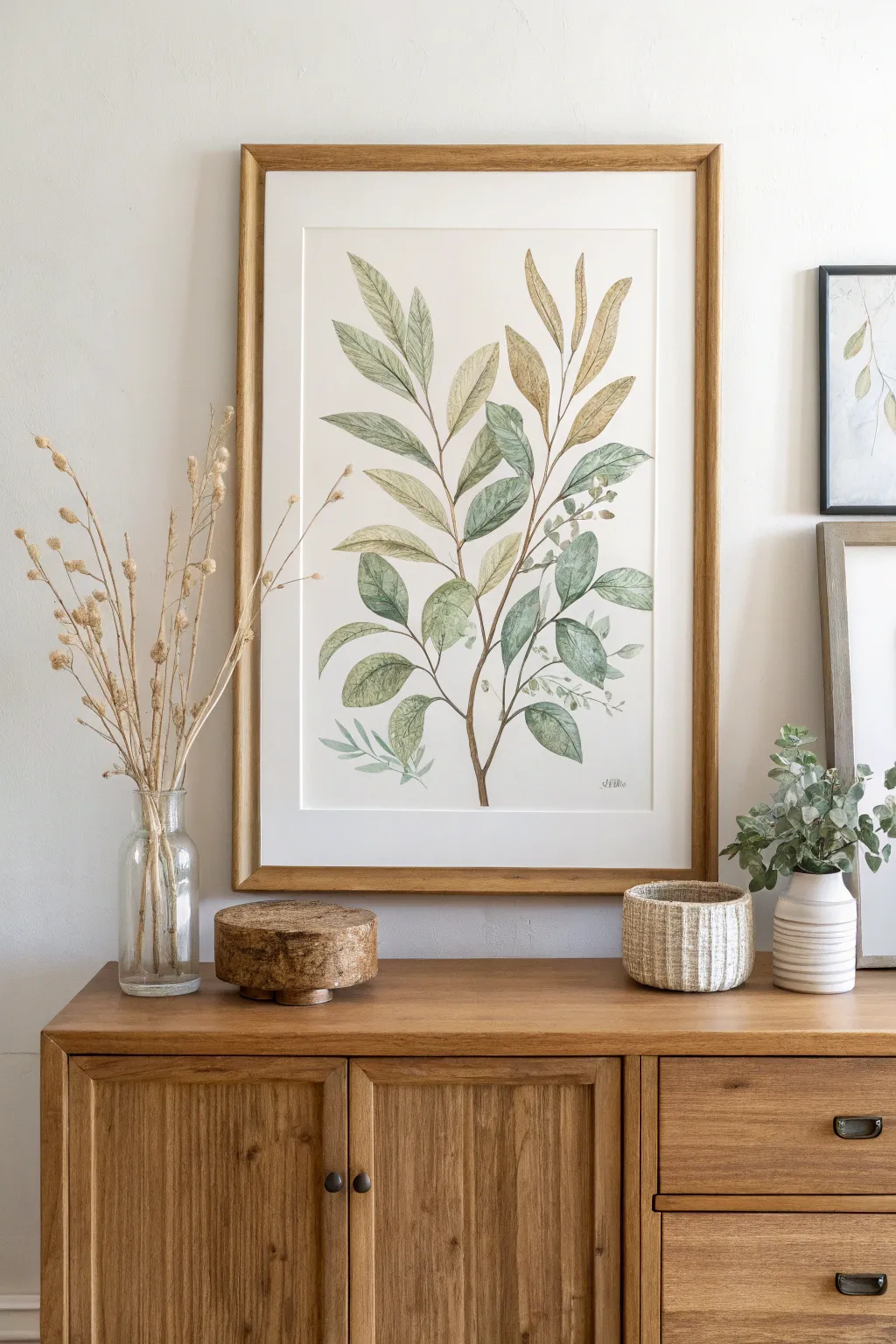 Soft botanical watercolor wall art in a calm Scandinavian palette for a fresh, airy corner.