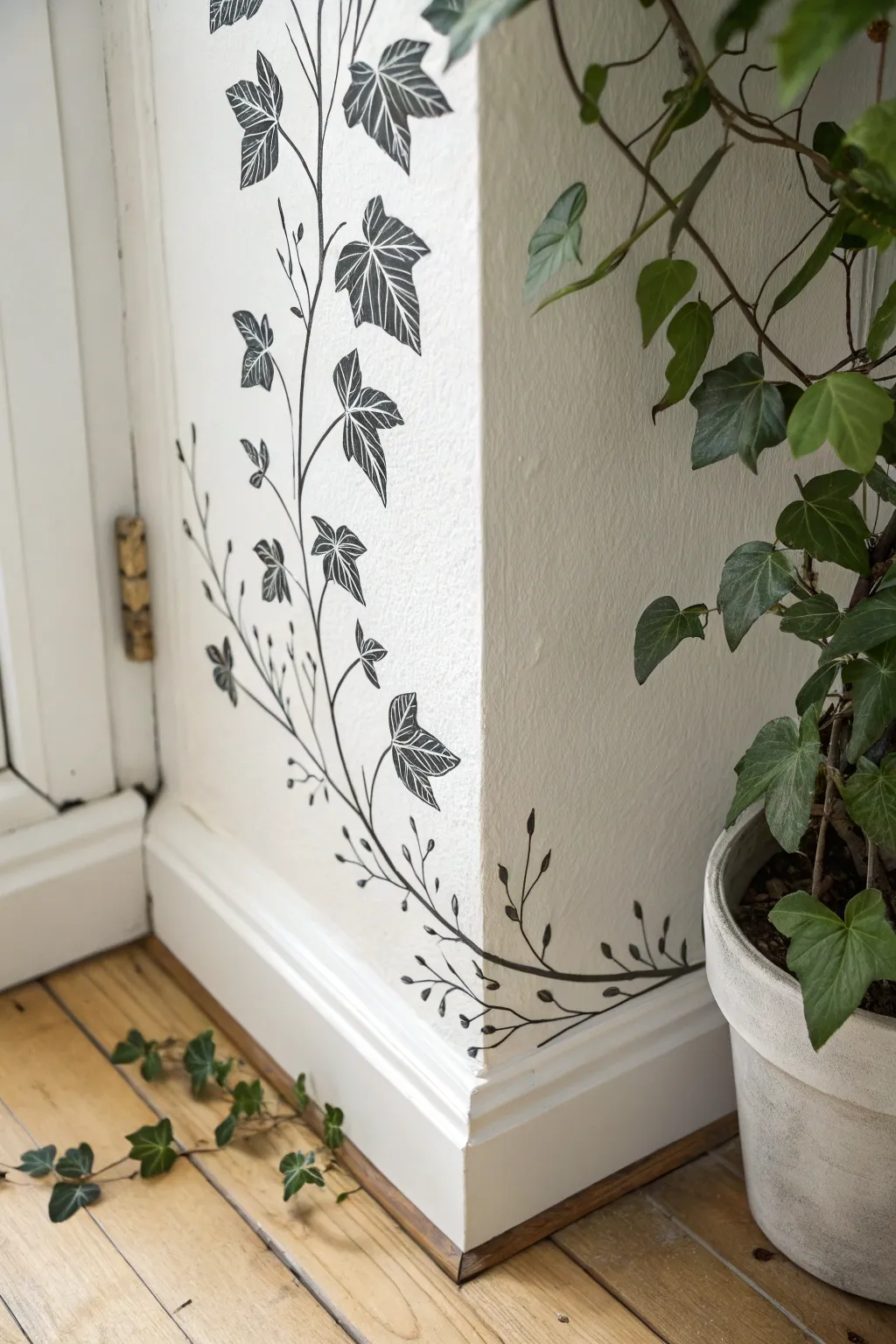 Minimal corner vine sketch that climbs the wall, adding calm Scandinavian boho charm.