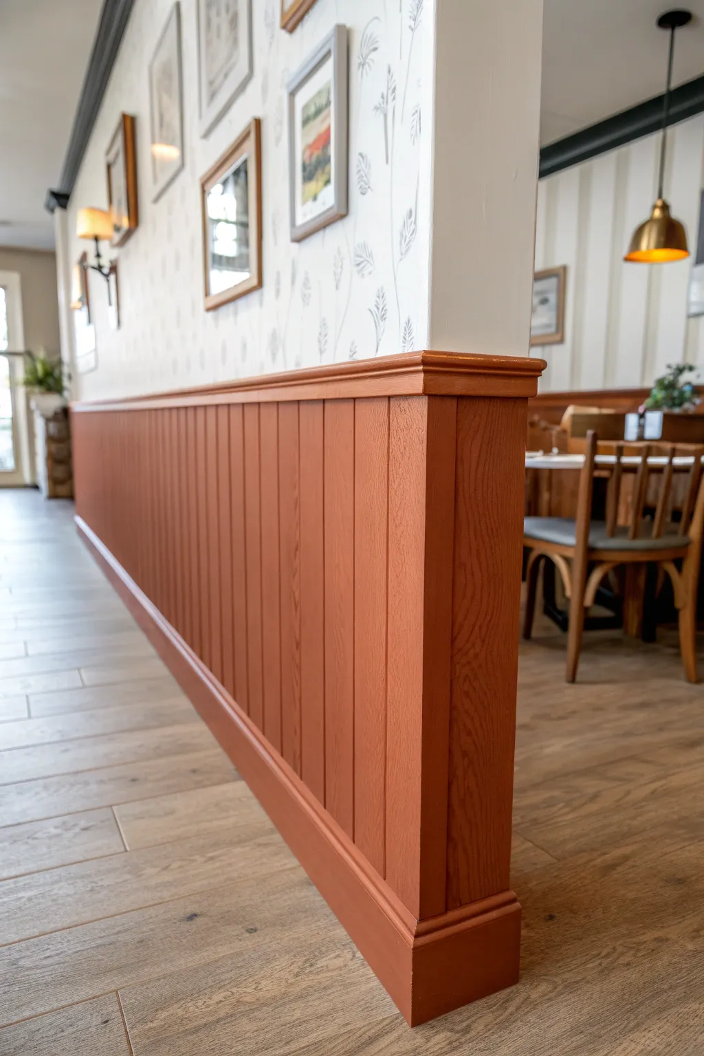 Crisp two-tone half wall in warm neutrals for a modern Scandinavian dining nook look