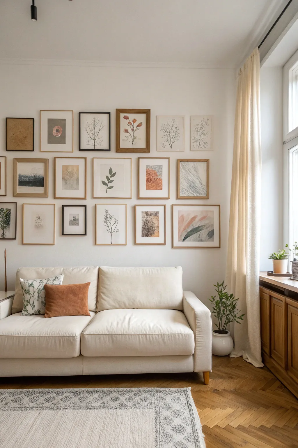 Curated gallery wall above the sofa in warm neutrals, minimalist frames, and soft boho textures