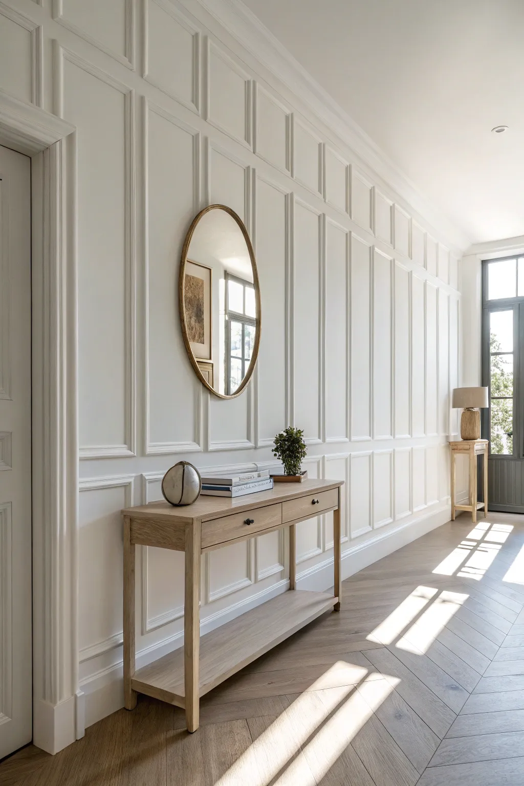 Crisp picture frame molding boxes that elevate a hallway with clean Scandinavian simplicity