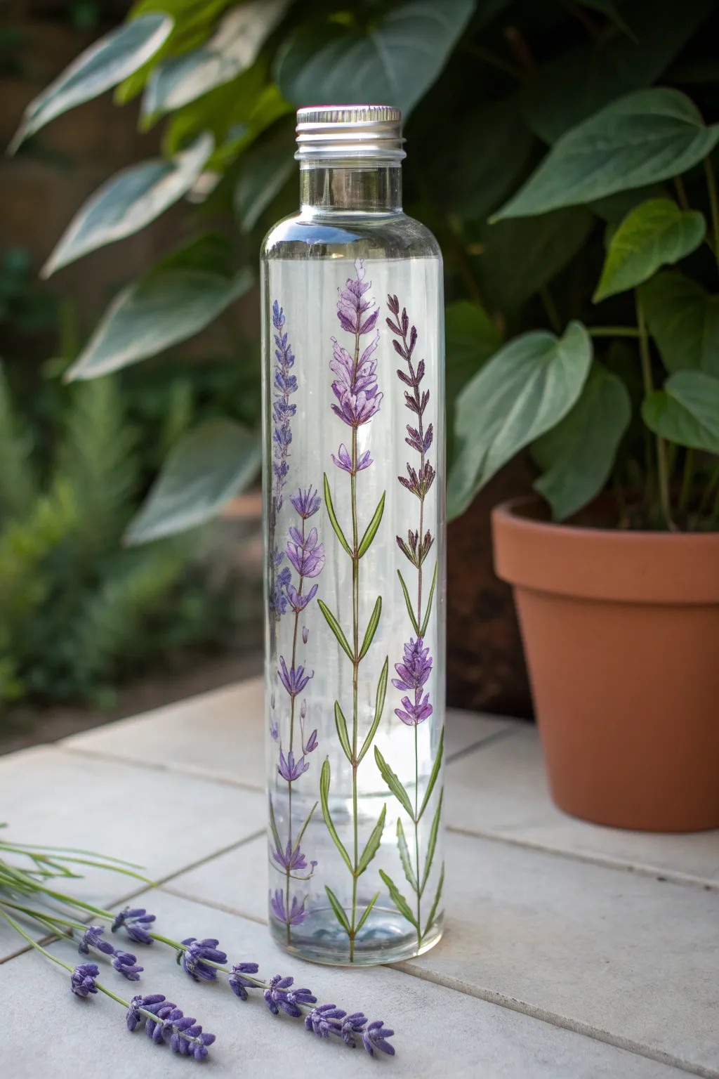 Minimalist water bottle with vertical lavender sprigs, lots of negative space, calm boho feel