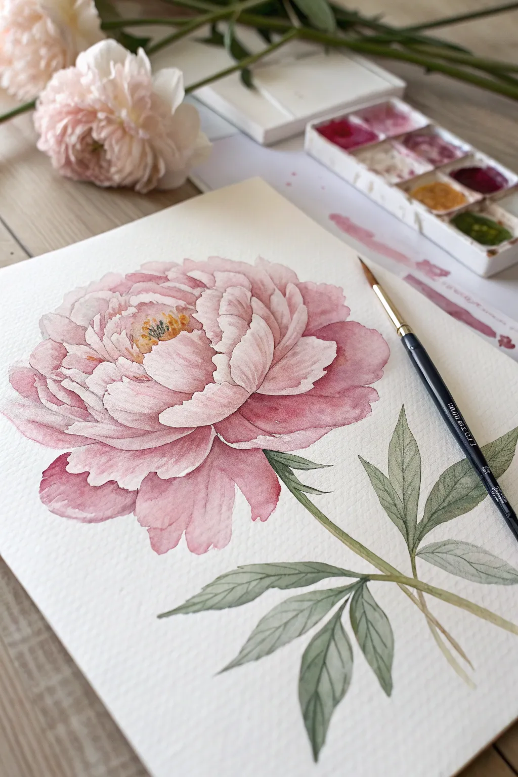 Loose blush peony watercolor with soft ruffled edges and airy negative space