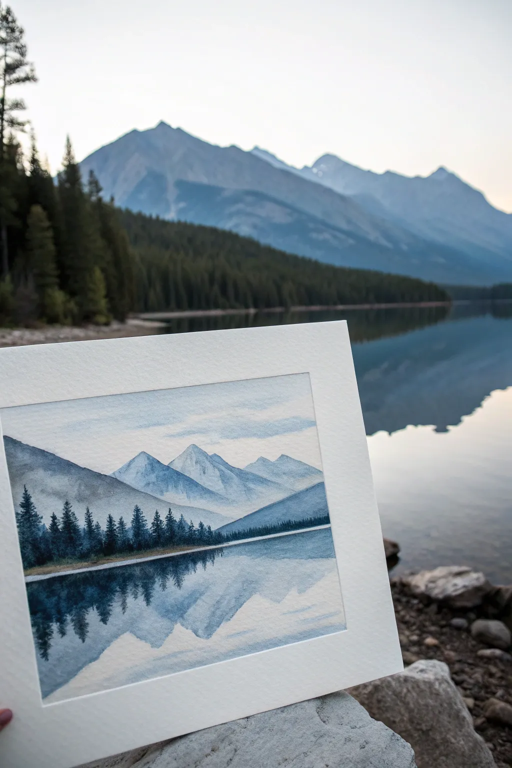 Simple mountain and lake watercolor: soft gradients, layered peaks, calm reflection, minimal charm