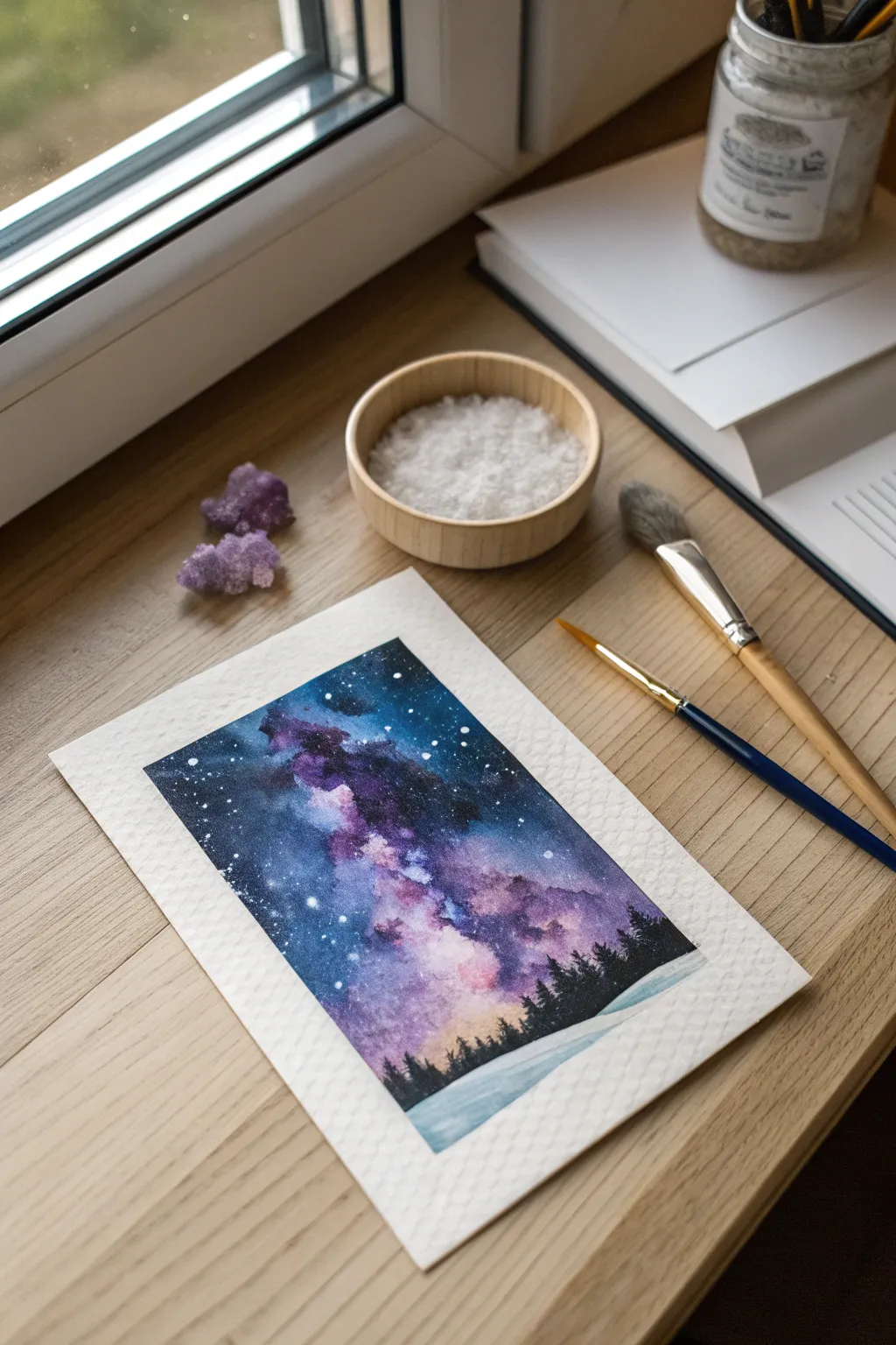 Sprinkle salt on wet watercolor to create a magical starry galaxy effect.