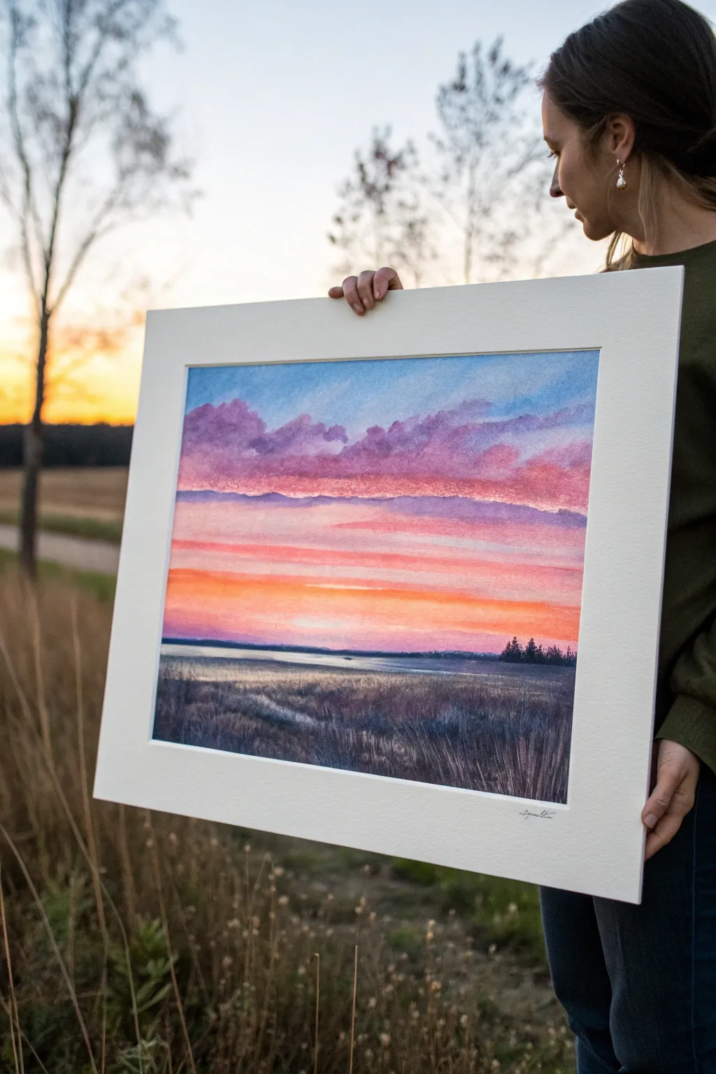 Clean watercolor sunset gradient with a low dark horizon line for a calm minimalist landscape