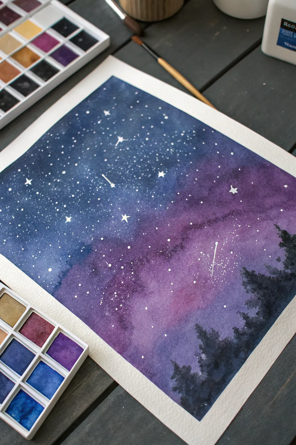 Starry galaxy night wash in indigo and violet, with crisp splatter stars and inky palette mixes