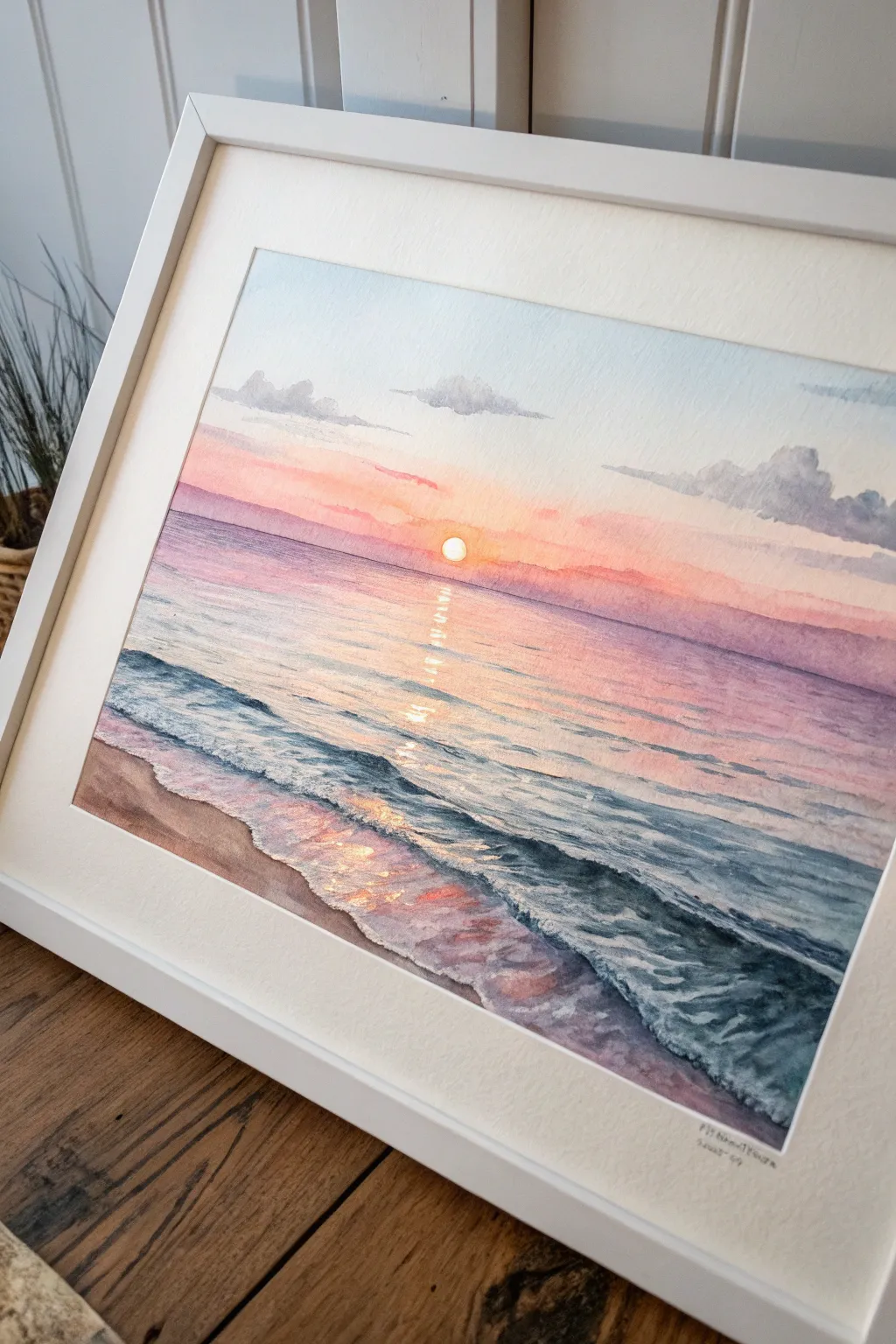 Golden hour ocean horizon watercolor: wet-on-wet sky, calm sea, and a glowing sun reflection