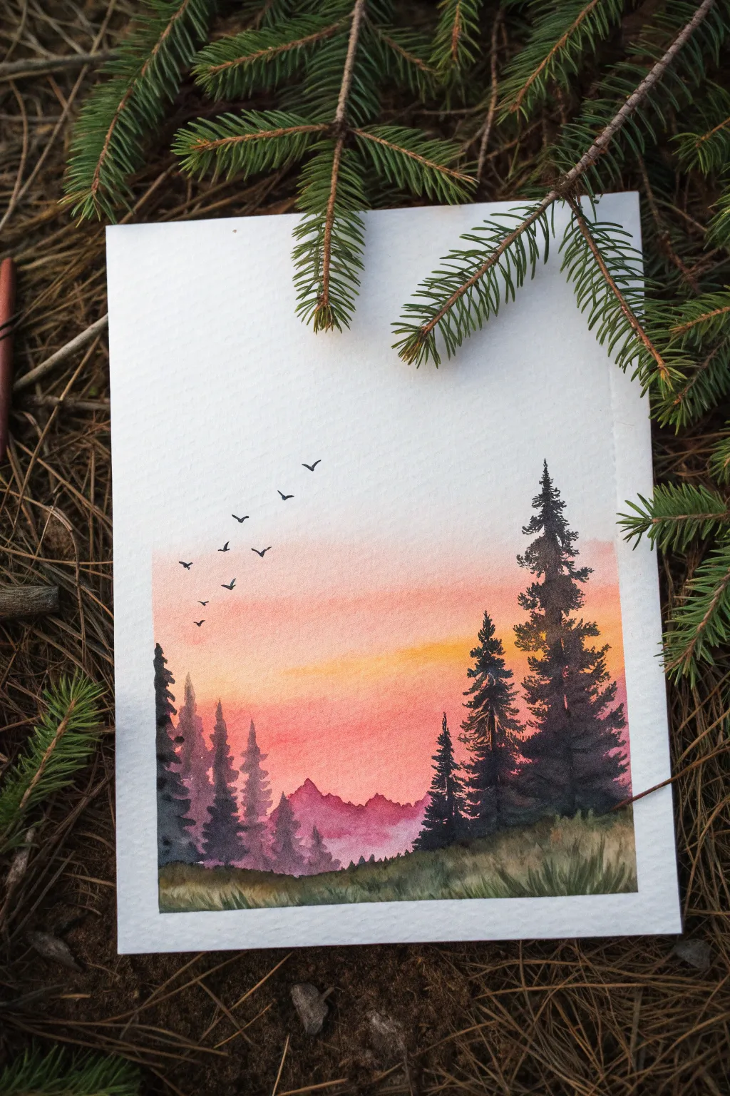 Sunset wash with watercolor pen scribbles, blended smooth and finished with crisp silhouettes.