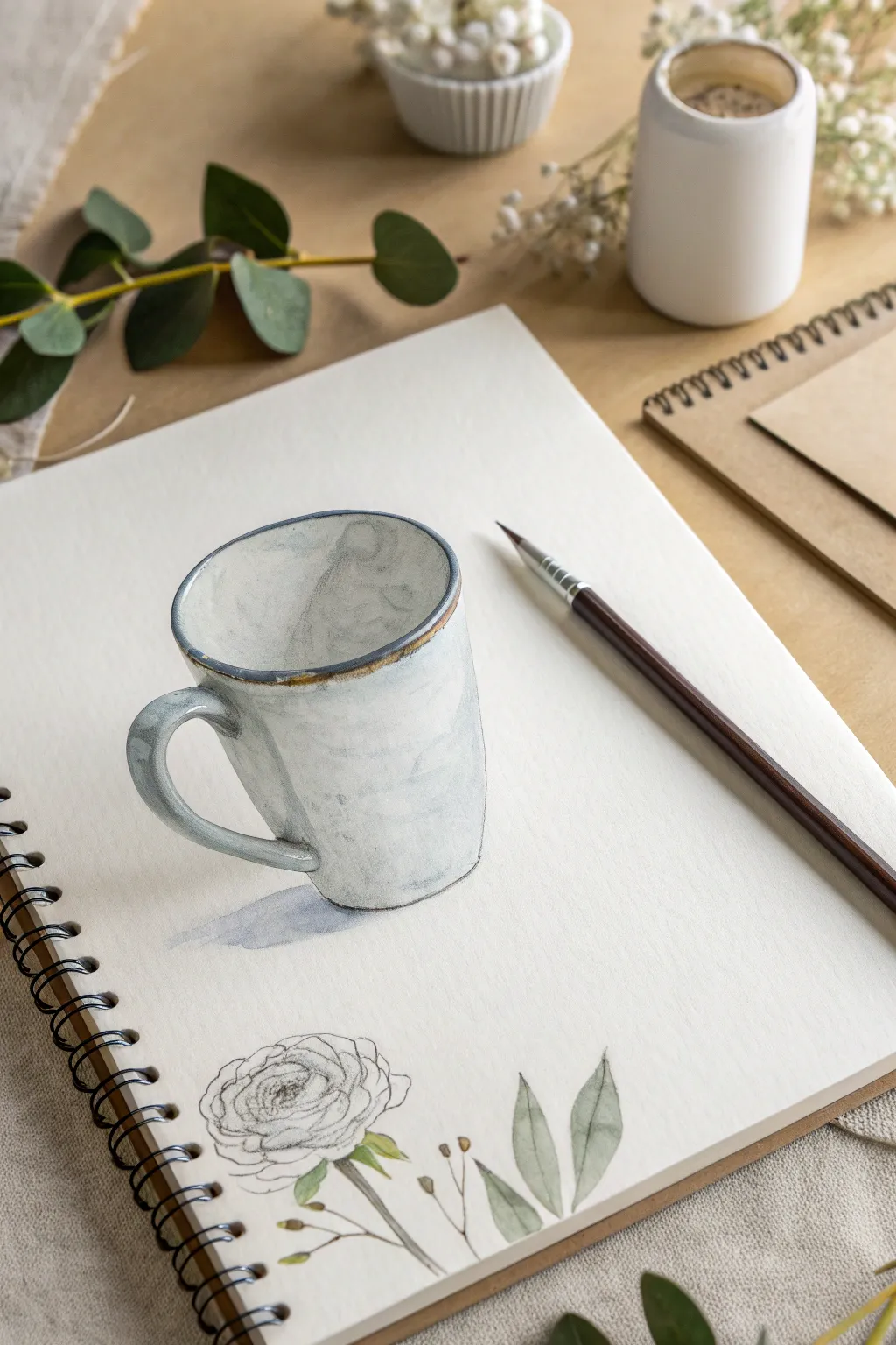 Minimal line and wash mug sketch with watercolor pencil, soft shadows and cozy neutral tones.